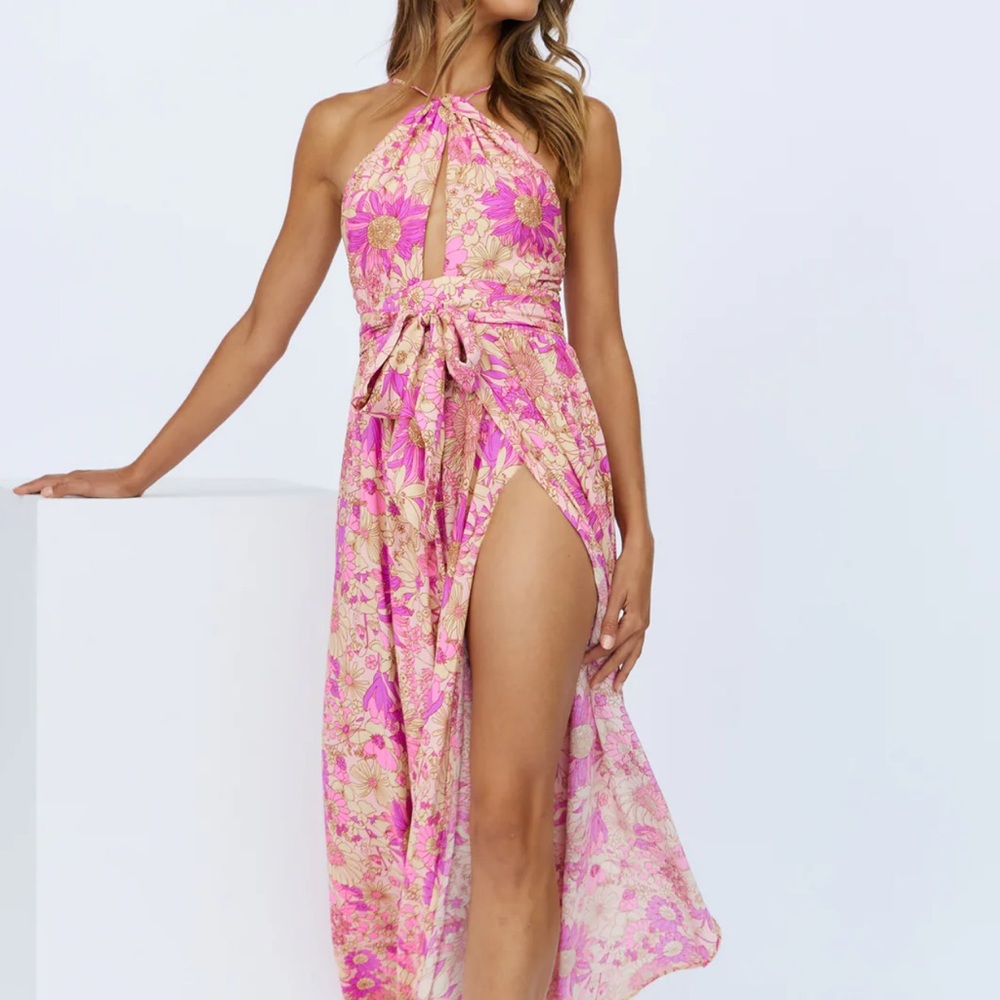 Pink Floral Cut Out Maxi Dress